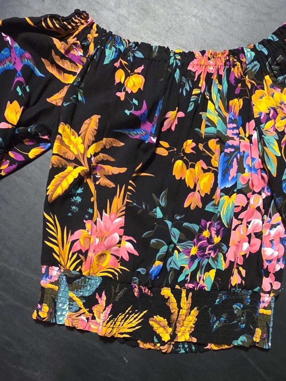 Floral Off-Shoulder Tropical Blouse - Black Base with Bright Blooms